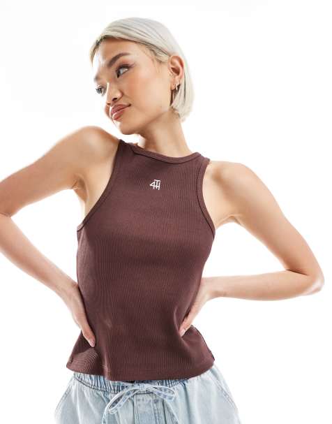 4th & Reckless ribbed racerneck embroidered logo singlet top in chocolate - view 1