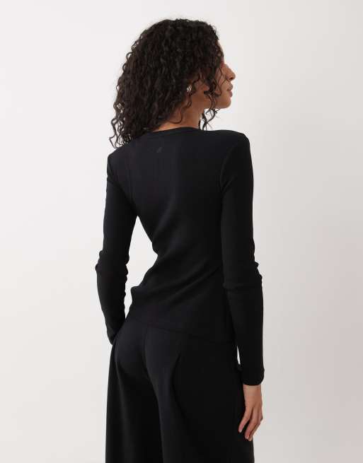 4th & Reckless ribbed shoulder pad popper front top co-ord in black, 3 of 4