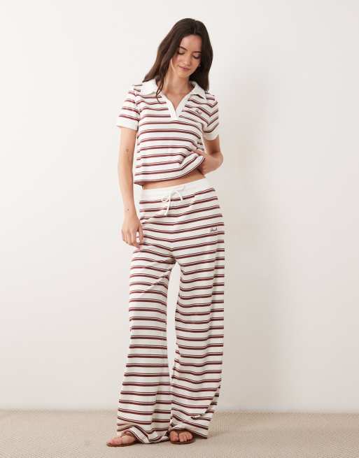 4th & Reckless ribbed logo front collared polo top and wide leg pants set in cream & rust stripe, 3 of 3