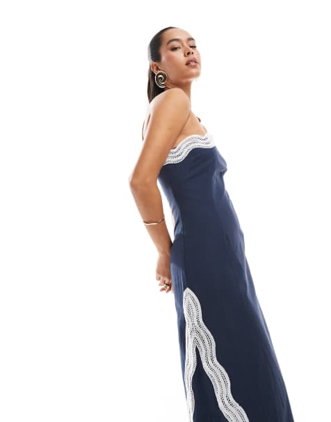 4th & Reckless - Robe bandeau longue aspect lin avec détails festonnés contrastants - Bleu - view 1