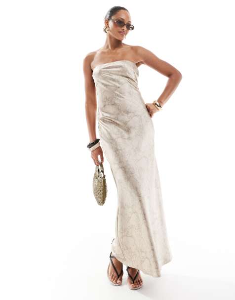 4th & Reckless - Robe bandeau longue satinée à imprimé marbré - Beige - view 1