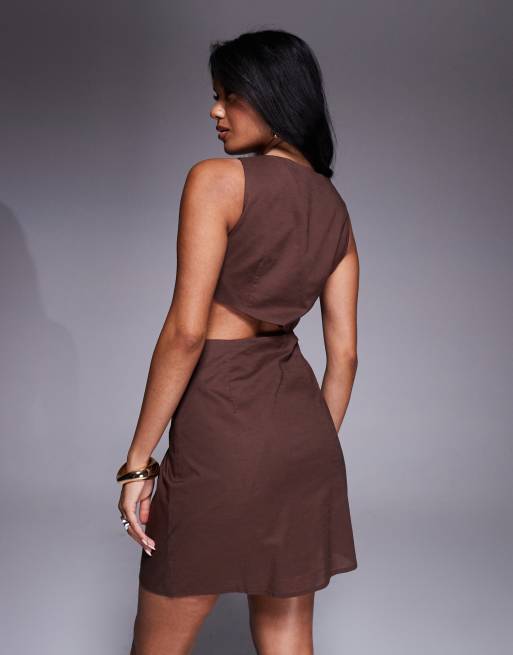 4th & Reckless - Robe courte en lin mélangé à découpe et détail métallique - Chocolat, 2 de 4