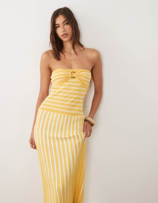 4th & Reckless - Robe de plage longue coupe bandeau en maille à rayures avec taille basse et anneau en résine - Jaune, 5 de 5