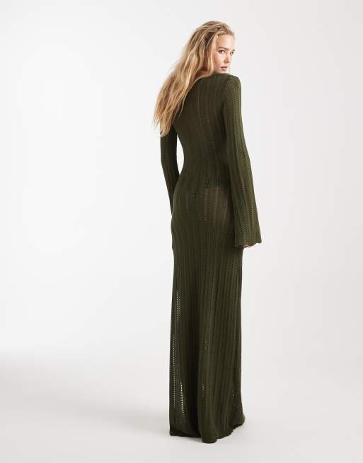 4th & Reckless - Robe de plage longue en maille à manches évasées et fente goutte d'eau à perles - Olive, 4 de 4