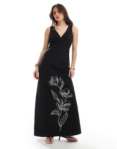 4th & Reckless - Robe longue à col V et broderie fleur aspect lin - Noir - view 1