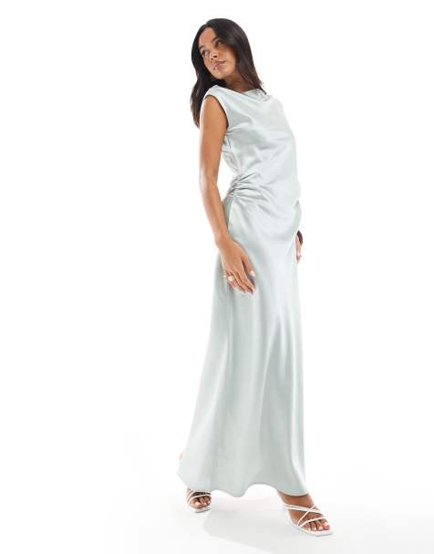 4th & Reckless - Robe longue drapée à encolure bateau et taille froncée en satin - Bleu clair - view 1