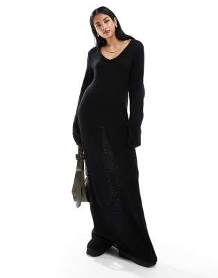 4th & Reckless - Robe longue en maille bouclée à col en V - Noir