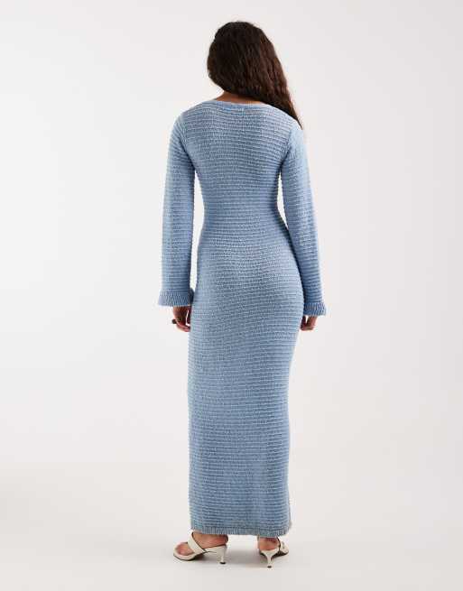 4th & Reckless - Robe longue en maille côtelée nouée devant à manches évasées - Bleu, 4 de 4