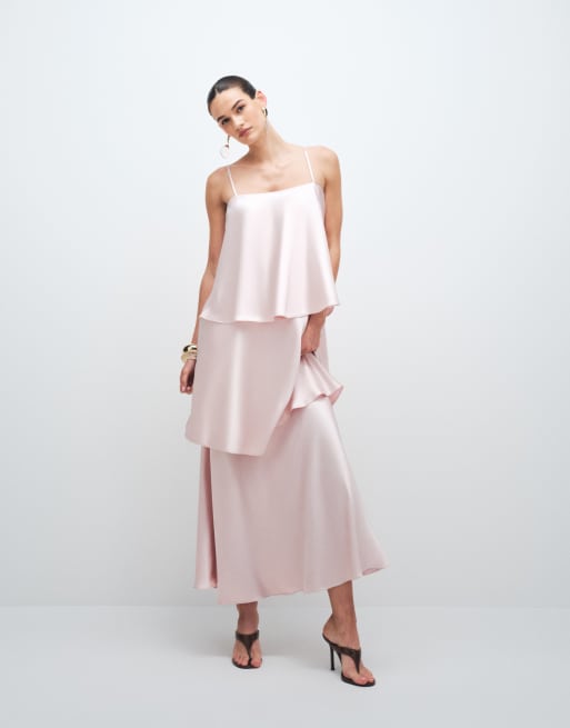 4th & Reckless - Robe longue en satin à bretelles fines et volants étagés - Rose