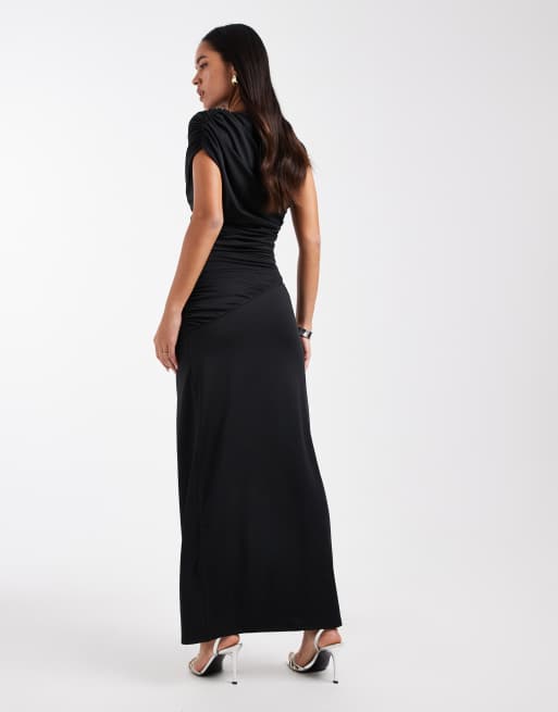 4th & Reckless - Robe longue sans manches près du corps double épaisseur avec taille drapée et col montant - Noir, 4 de 4