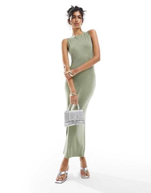 4th & Reckless - Robe longueur mollet sans manches à strass thermocollés - Olive