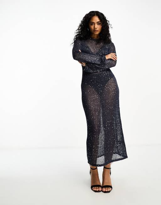 4th & Reckless - Robe longueur mollet transparente à sequins - Bleu marine