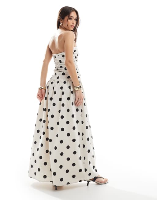 4th & Reckless ruched bandeau dropped waist linen blend maxi dress in cream polka dot