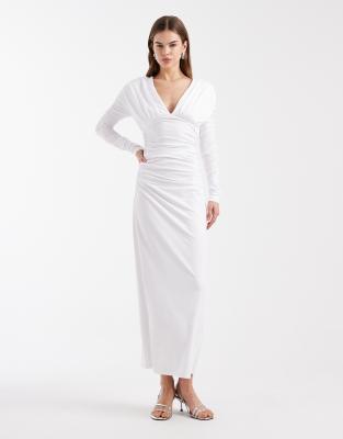 4th & Reckless Ruched Draping Dropped Shoulders Plunge Neck Maxi Dress In White