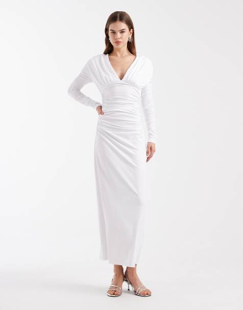 4th & Reckless ruched draping dropped shoulders plunge neck maxi dress in white - view 1