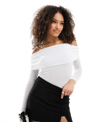 4th & Reckless 4th & Reckless ruched fold detail bardot long sleeve top in white