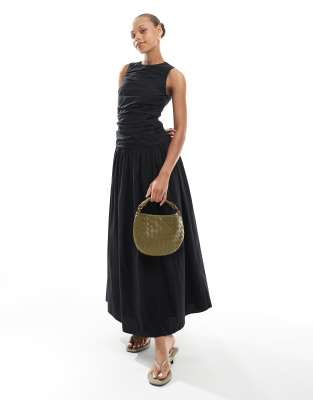 4th & Reckless ruched poplin sleeveless drop waist maxi dress in black - view 1