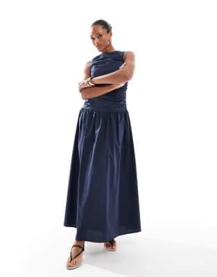 ruched poplin sleeveless drop waist maxi dress in navy