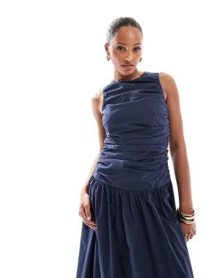 4th & Reckless Ruched Poplin Sleeveless Drop Waist Maxi Dress In Navy