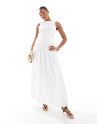 ruched poplin sleeveless drop waist maxi dress in white