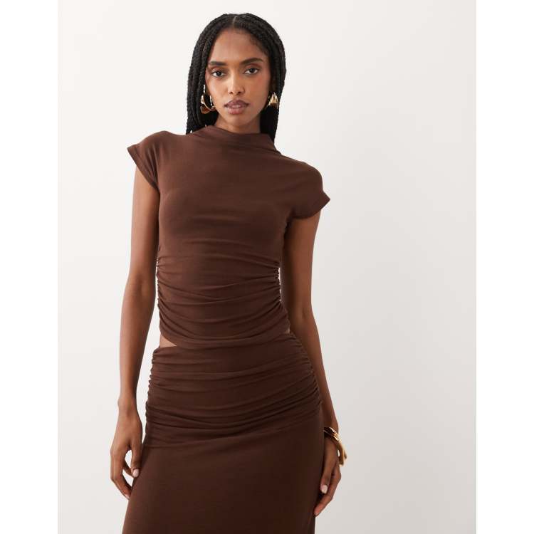 4th & Reckless ruched side high neck short sleeve top in chocolate