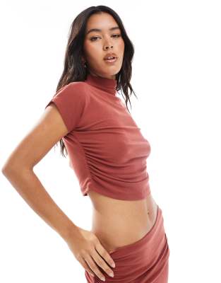 4th & Reckless ruched side high neck short sleeve top in rust (Part of a set) - view 1