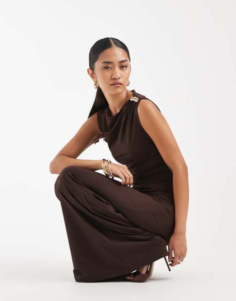 4th & Reckless ruched side sleeveless gold-tone metal shoulder detailing maxi dress in chocolate - view 1