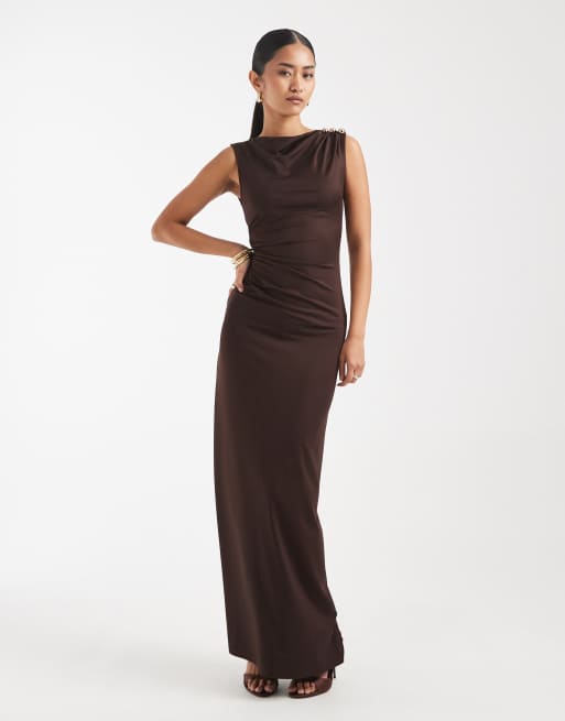 4th and reckless brown dress 4th & Reckless chiffon cowl neck cross back cami satin maxi dress in  chocolate