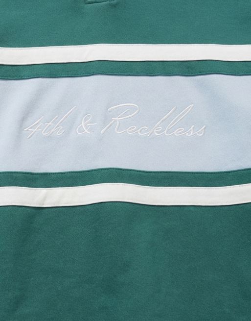 4th & Reckless – Rugby-Oberteil in Grün mit Kragen, Bahnendesign und Logo vorne, Kombiteil, 7 von 8