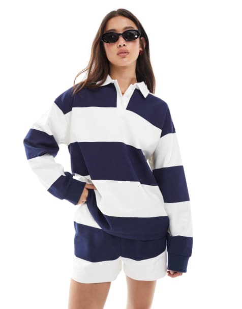 4th & Reckless rugby polo collared sweatshirt in navy and white stripe (part of a set) - view 1