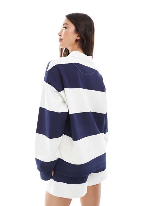 4th & Reckless rugby polo collared sweatshirt in navy and white stripes - part of a set