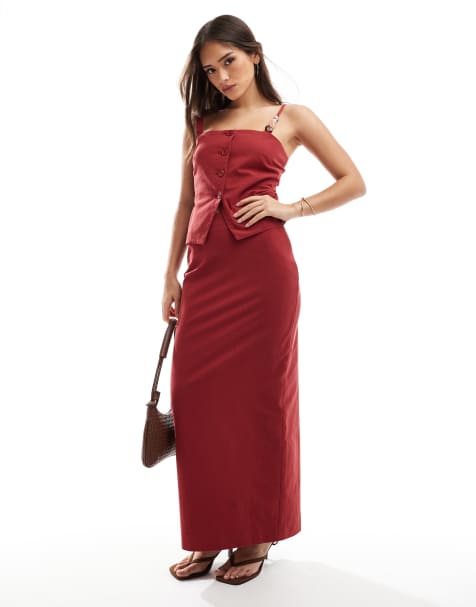 4th & Reckless - Rustrødt sæt med maxinederdel og vest samt longline-top med bandeausnit med fold i hørblandingsmateriale - view 1