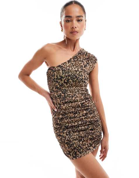 4th & Reckless - Rynket oneshoulder-minikjole med leopardprint i mesh - view 1