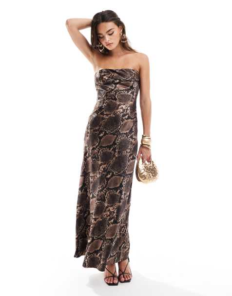 4th & Reckless - Satijnen maxi bandeau-jurk in bruine slangenprint - view 1