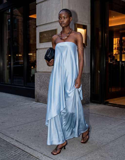 4th & Reckless satin bandeau asymmetric drape layered maxi dress in light blue, 11 of 11