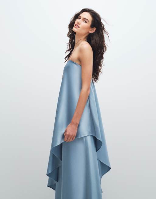 4th & Reckless satin bandeau asymmetric drape layered maxi dress in light blue, 2 of 11