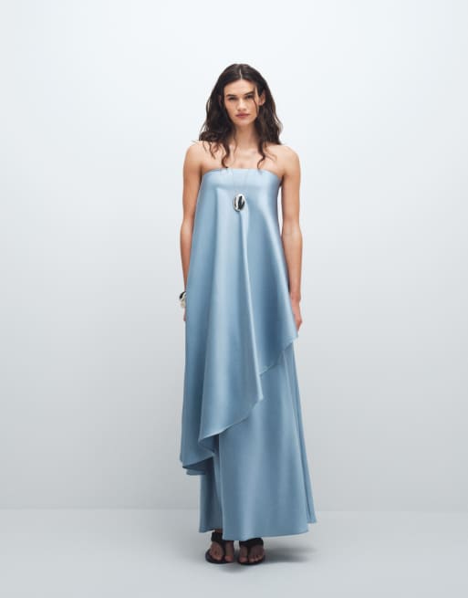 4th & Reckless satin bandeau asymmetric drape layered maxi dress in light blue, 4 of 11