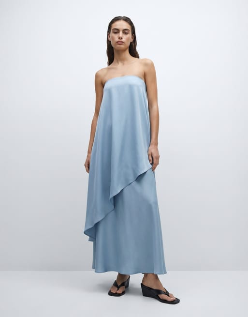 4th & Reckless satin bandeau asymmetric drape layered maxi dress in light blue, 8 of 11