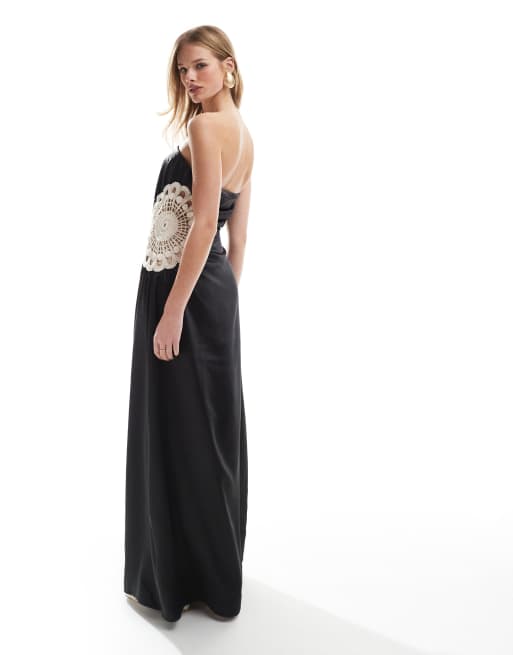 4th & Reckless satin bandeau crochet insert maxi dress in black, 3 of 4