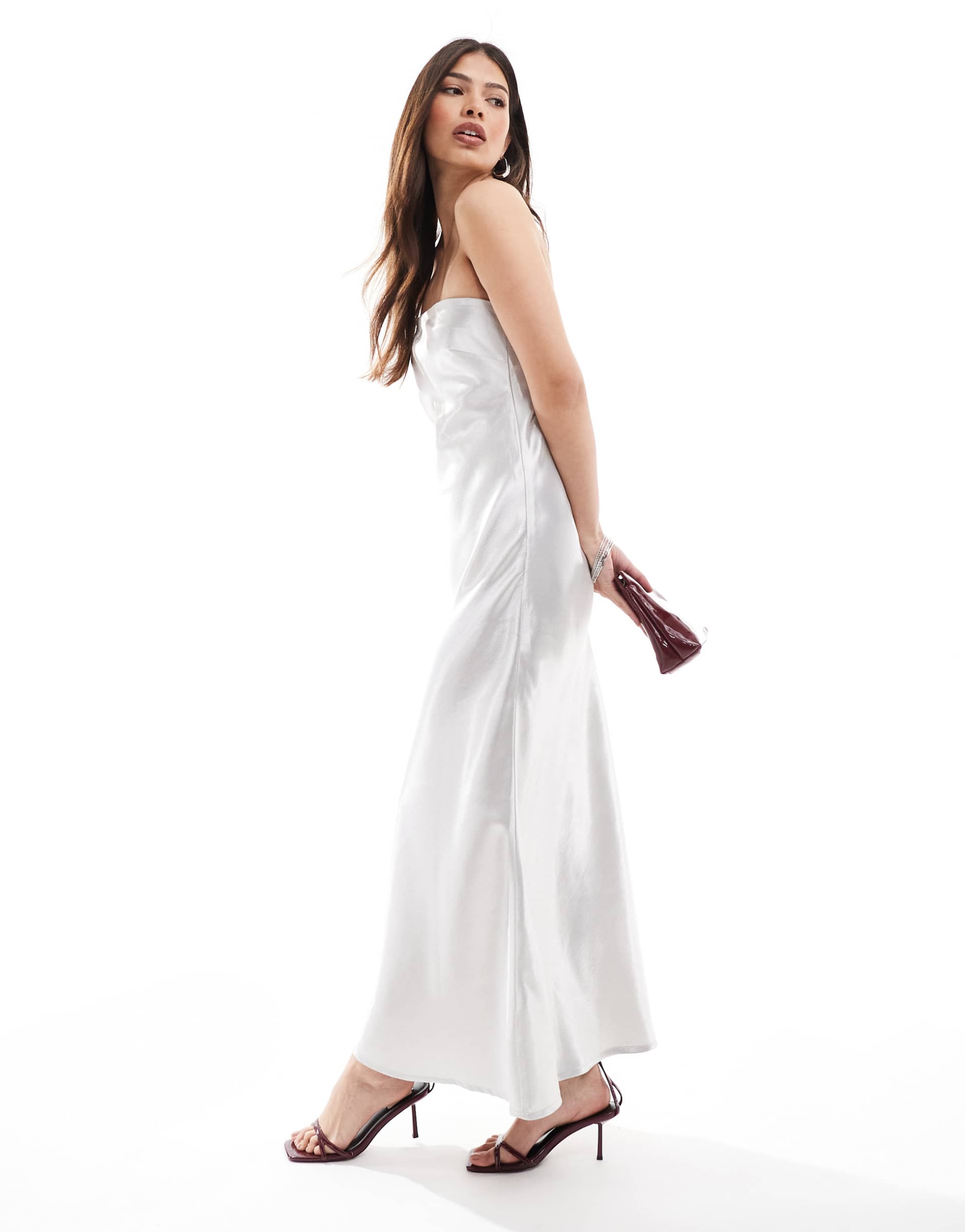 4th & reckless satin bandeau fishtail maxi dress in silver