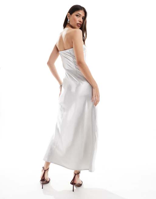 4th Reckless satin bandeau fishtail maxi dress in silver ASOS