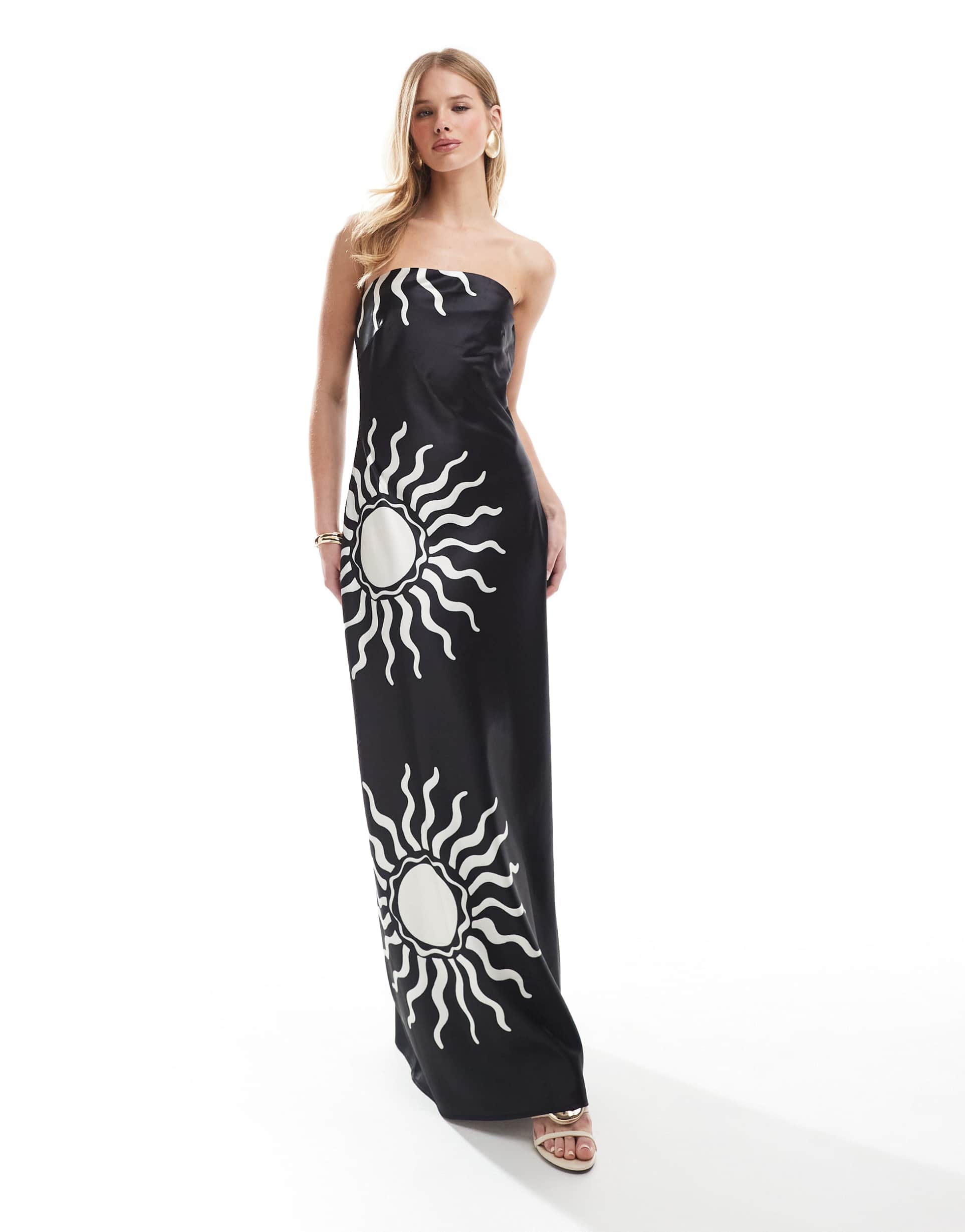 4th & reckless satin bandeau maxi dress in mono contrast sun print