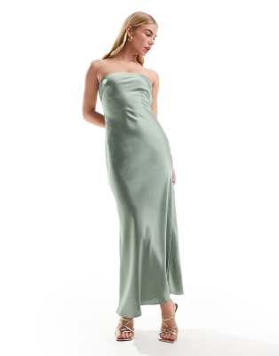 4th & Reckless Satin Bandeau Maxi Dress In Sage-green