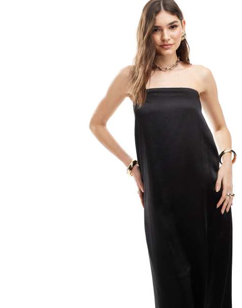 4th & Reckless satin bandeau trapeze maxi dress with pockets in black - view 1