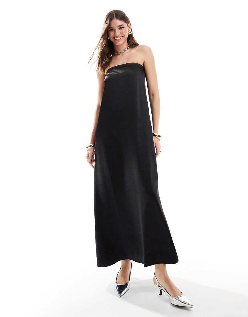 4th & Reckless satin bandeau trapeze maxi dress with pockets in black