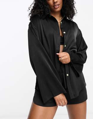 satin beach shirt in black - part of a set