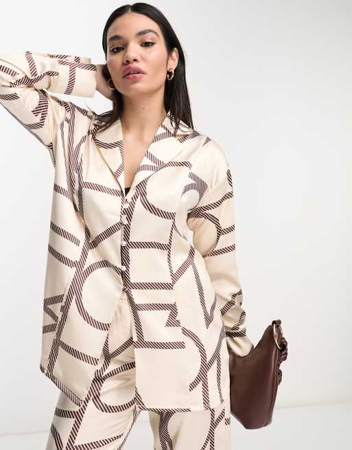 4th & Reckless satin button front shirt in cream print (part of a set)