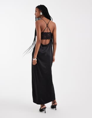 4th & Reckless Satin Cami Strappy Lace Detail Split Front Maxi Dress In Black