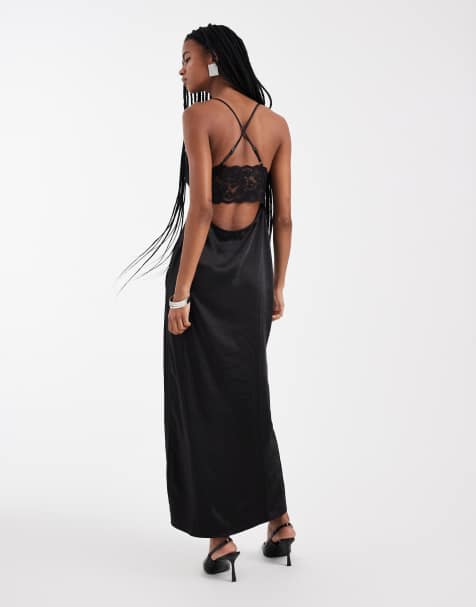 4th & Reckless satin cami strappy lace detail split front maxi dress in black