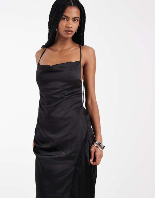 4th & Reckless satin cami strappy lace detail split front maxi dress in black, 2 of 4